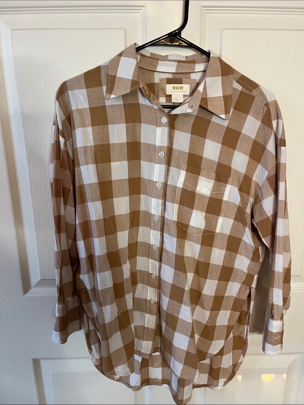 Maeve Tan and White Gingham Button-Down Shirt